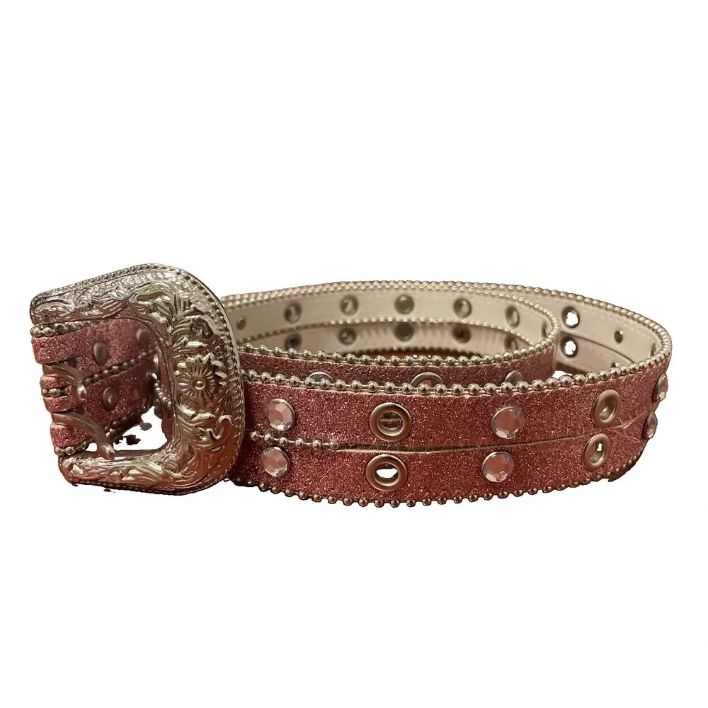 Women's Pink Glitter Western Belt Silver Engraved Buckle Rhinestone Studded 41